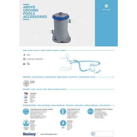 Pompe à Filtre 2.006 L/h - Pisicne Bestway Filtration - Pompe + Cartouche Incluse – Image 5